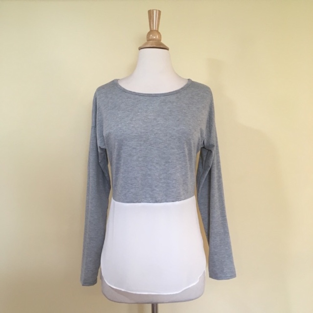 Heather Grey Jersey and Ivory Chiffon Split Sides Blouse - Picture 4 of 8